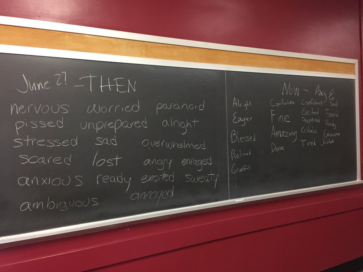 ProfNichols's tweet photo. Asked first-year students to express how they felt on June 27 vs August 8, upon completing their first semester at @penn_state --- "scared, worried, anxious, excited, lost" went to "confident, comfortable, exhausted, blessed, found." Thank you #COMMcrazy #coolCOMM #PSU2022 https://t.co/fTSzGrxNat