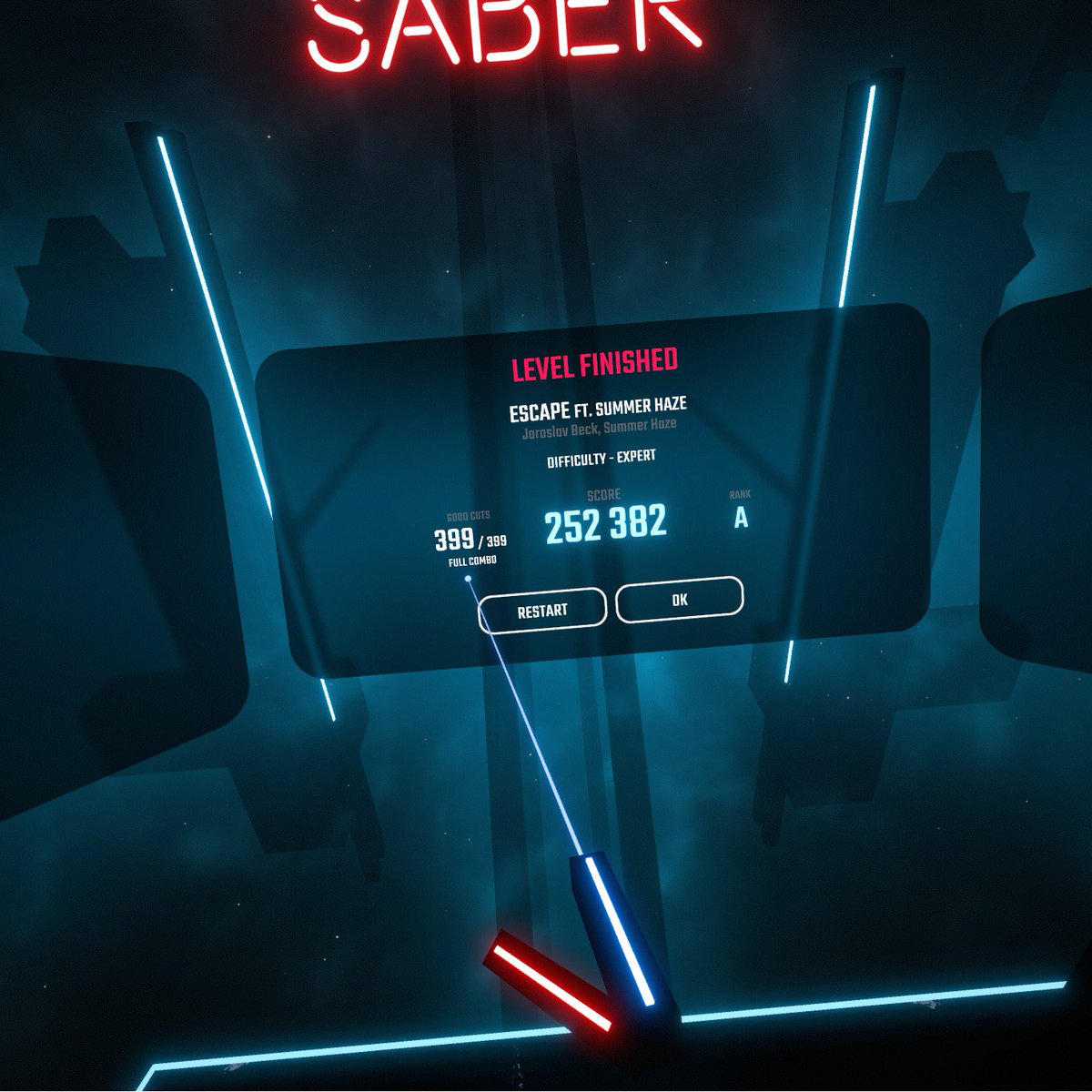 GTechGeorge's tweet photo. I DID IT! It may have taken me a dozen tries but I finally got a Full Combo on one of my favorite @BeatSaber songs! Hands down one of my favorite VR games right now and I can't wait for this weekend so I can get a bunch of my friends to try it out! (This isn't even my high score) https://t.co/qiAI76vuid