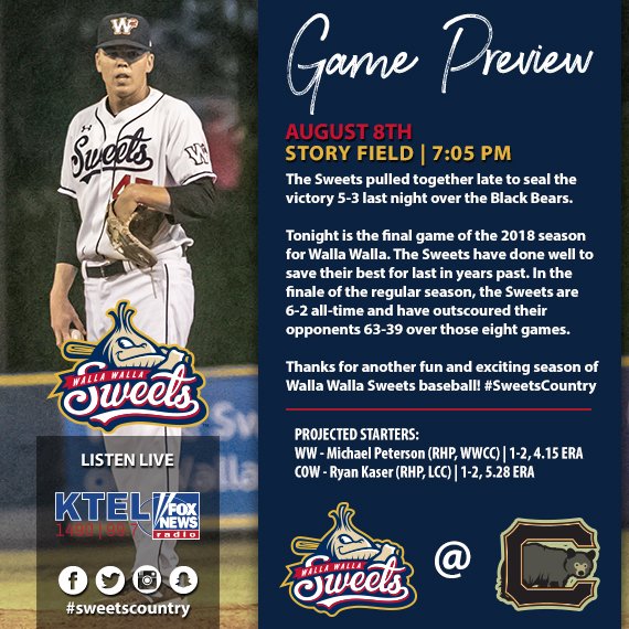WWSweets's tweet photo. The final game of the 2018 season kicks off tonight at 7:05 PM in Cowlitz! Don't miss any of the action as the Sweets look to end their season on a high note with a victory! #SweetsCountry https://t.co/KYfQQGiPtf