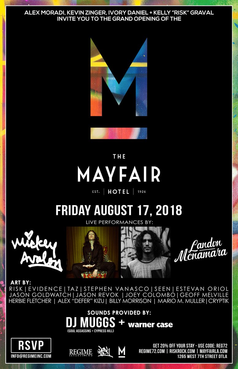 Regime 72 x <a href="/MayfairHotelLA/">The Mayfair Hotel</a> 
Grand Opening // August 17th
1256 W. 7th St. Los Angeles, CA
RSVP at info@regimeinc.com

(Use code REG72 to book a room for just $99 at fanlink.to/bookmayfair)