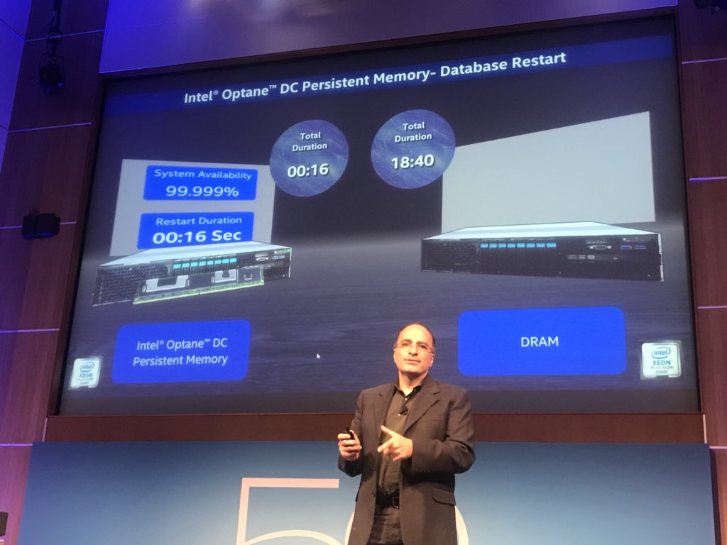 LisaSpelman's tweet photo. “So, this is cool” says Alper while showing a database reboot demo of Optane DC Persistent Memory finish in  16 seconds 😎 #IntelDCISummit https://t.co/i4YwJYGgam