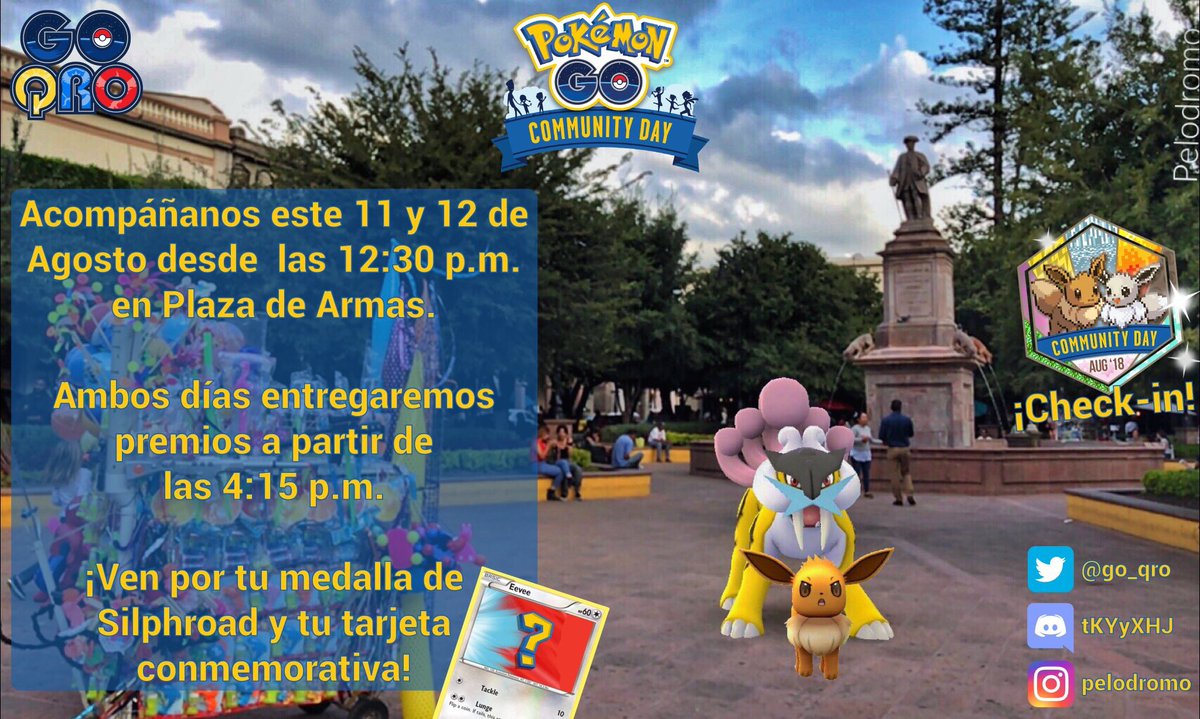 garumox's tweet photo. Entrenadores, @go_qro les invita al #PokemonGOCommunityDay en Querétaro les esperan en Plaza de Armas el 11 y 12 de agosto. Recuerden solicitar su medalla Silph League de @TheSilphRoad con el staff #goqro https://t.co/VZAS5lISLh