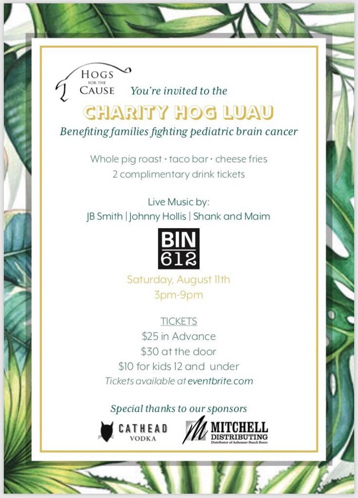 Our annual Hogs For The Cause event will be this Saturday from 3pm-9pm. We will not have our normal dinner service this night. Come enjoy live music, our taco buffet, and show your support for the families battling paediatric brain cancer! #charityluau #tikitime #hogsforthecaus