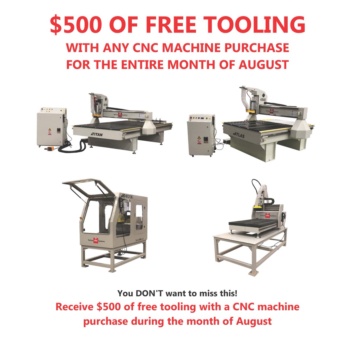 $500 in free tooling? Absolutely! For the month of August @technocnc is offering $500 worth of free tooling with any CNC purchase. If you'd like to know more please reach out us at info@des.com.