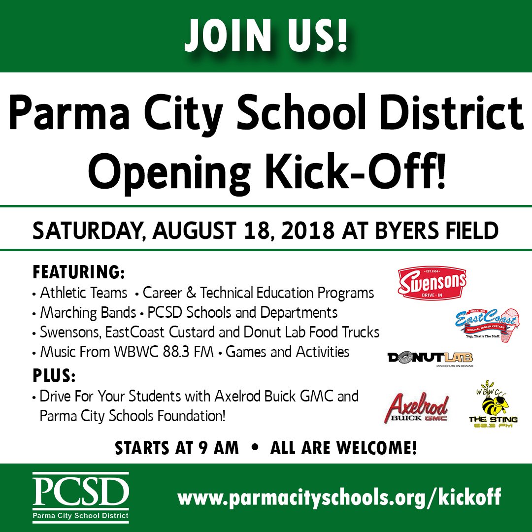 ParmaSchools's tweet photo. School starts in one week! Let's celebrate the new school year together at the PCSD Opening Kick-Off! Join us on 8/18 for career tech displays, athletic teams, marching bands, @SwenFoodTruck @ECCustard @DonutLabCLE @883thesting @AxelrodBuickGMC and more! https://t.co/RPACVWj79e https://t.co/7Wyfe3E4n9