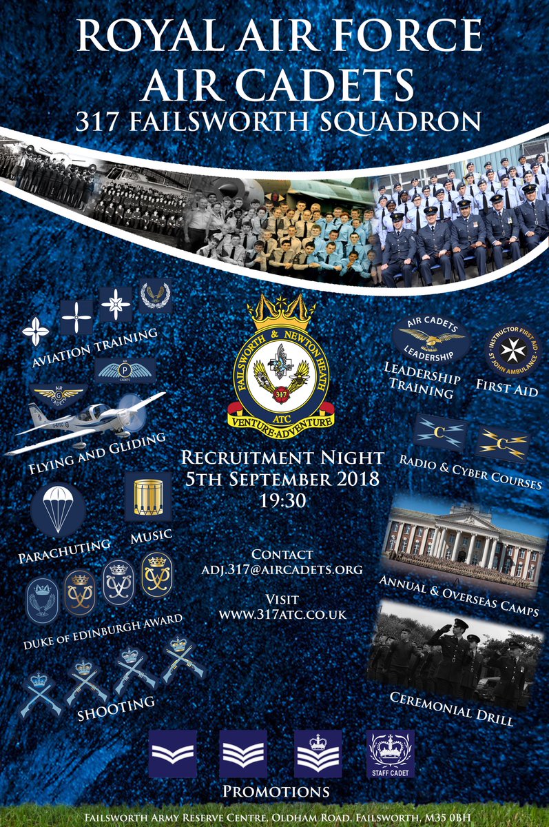 Recruitment... On Wednesday 5th September the squadron will be yet again be recruiting.
Between the ages of 12 (and in the academic yr8) and 17. why not come down and give us a visit and expand your horizons. #noordinaryvolunteer