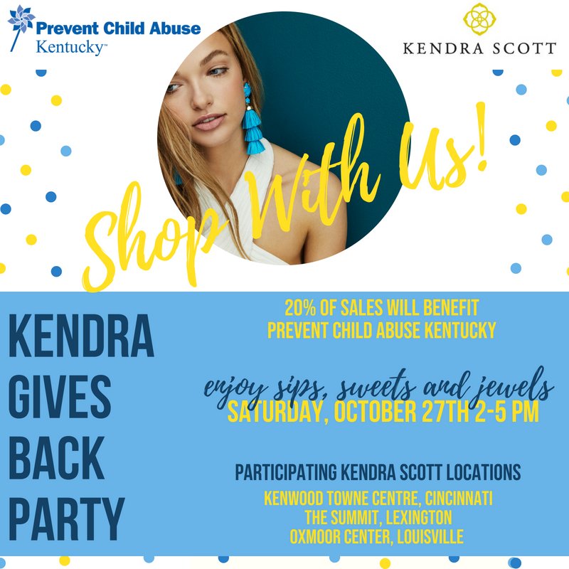 PCAKY's tweet photo. October 27th. Mark your calendars now to plan a visit to Kendra Scott (Louisville, KY), Kendra Scott (Lexington, KY) &amp; Kendra Scott (Kendra Scott Kenwood) in support of child abuse prevention efforts across Kentucky!  #DoGood #CommitToPrevent @KendraScott https://t.co/8he5LAyu6S