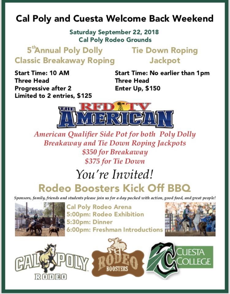 The 5th annual Poly Dolly Breakaway Jackpot AND the Tie Down Roping Jackpot now has an American Qualifier side pot!! Come rope calves and enjoy some great food with our incredible support system of Rodeo Boosters and Sponsors!