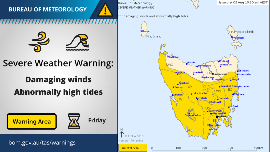 BOM_Tas's tweet photo. A vigorous northwesterly wind stream develops during Friday ahead of a cold front to cross Tasmania late evening. Abnormally high tides in the southeast are are possible, coinciding with a king tide in the evening. See full warning here: https://t.co/NHL3HY0zFO https://t.co/aMi8wtrd2Z