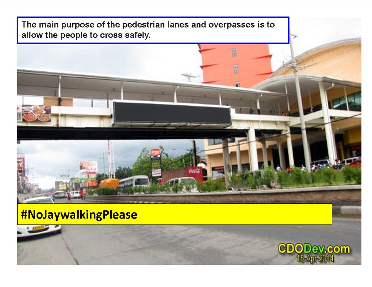 ustposacdo's tweet photo. Safety Reminder: Jaywalking means violating pedestrian traffic laws, most often by crossing a street illegally. The purpose of the pedestrian lanes and overpasses is to allow the people to cross safely. #NoJaywalkingPlease #BeALawAbidingCitizen photo credits: CdODev google image https://t.co/CQDoQuS8j1