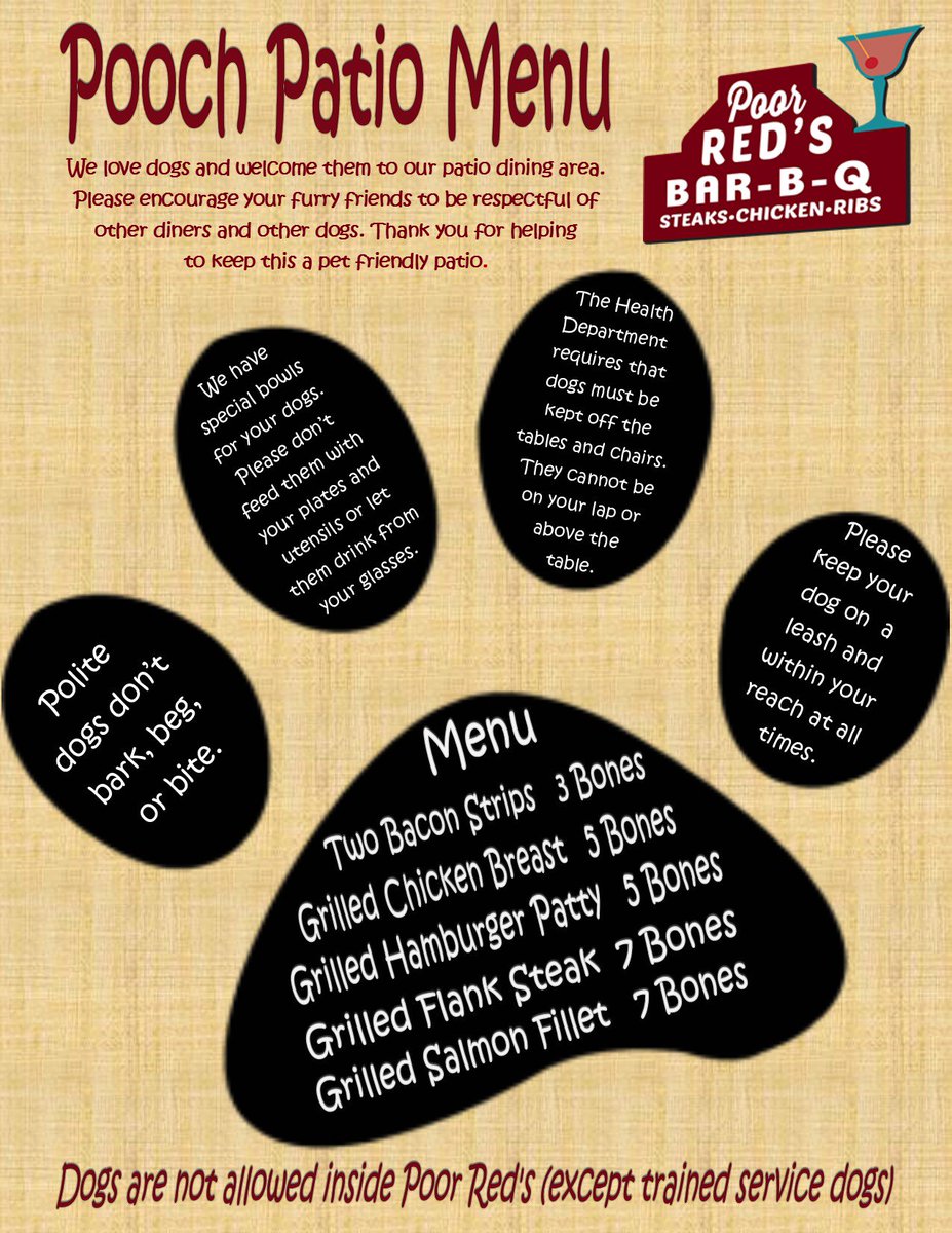 PoorReds's tweet image. Spoil your best friend on the patio at Poor Red's Bar-B-Q with our new Pooch Patio Menu.