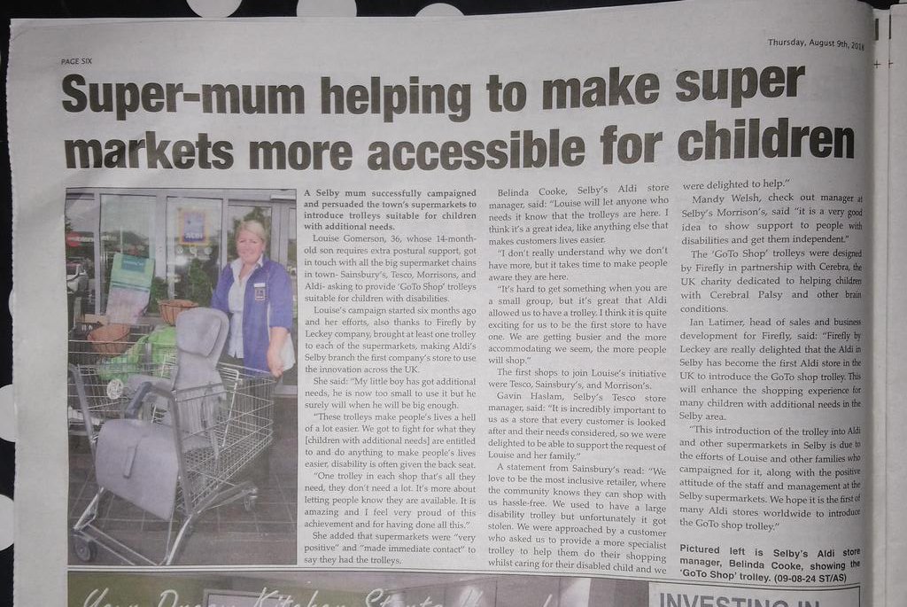 LouiseGomerson's tweet photo. Fab story in @Selby_Times Thank you π Great product by @Fireflybyleckey The #gotoshop trolley π now in EVERY supermarket in #Selby And MASSIVE praise to @AldiUK for being the first Aldi store to get one (now let's get the other Aldi's involved!) @Morrisons @Tesco @sainsburys https://t.co/HWHd1cficO