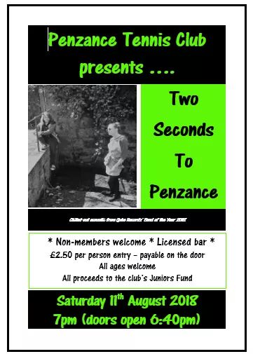 Annac2412's tweet photo. Saturday @penzancetennis club in aid of Junior funds. Two Seconds To Penzance with support from Ginger and the Hobbit and Ellie Boase #lovepenzance #livemusic https://t.co/0ZRf7rw603