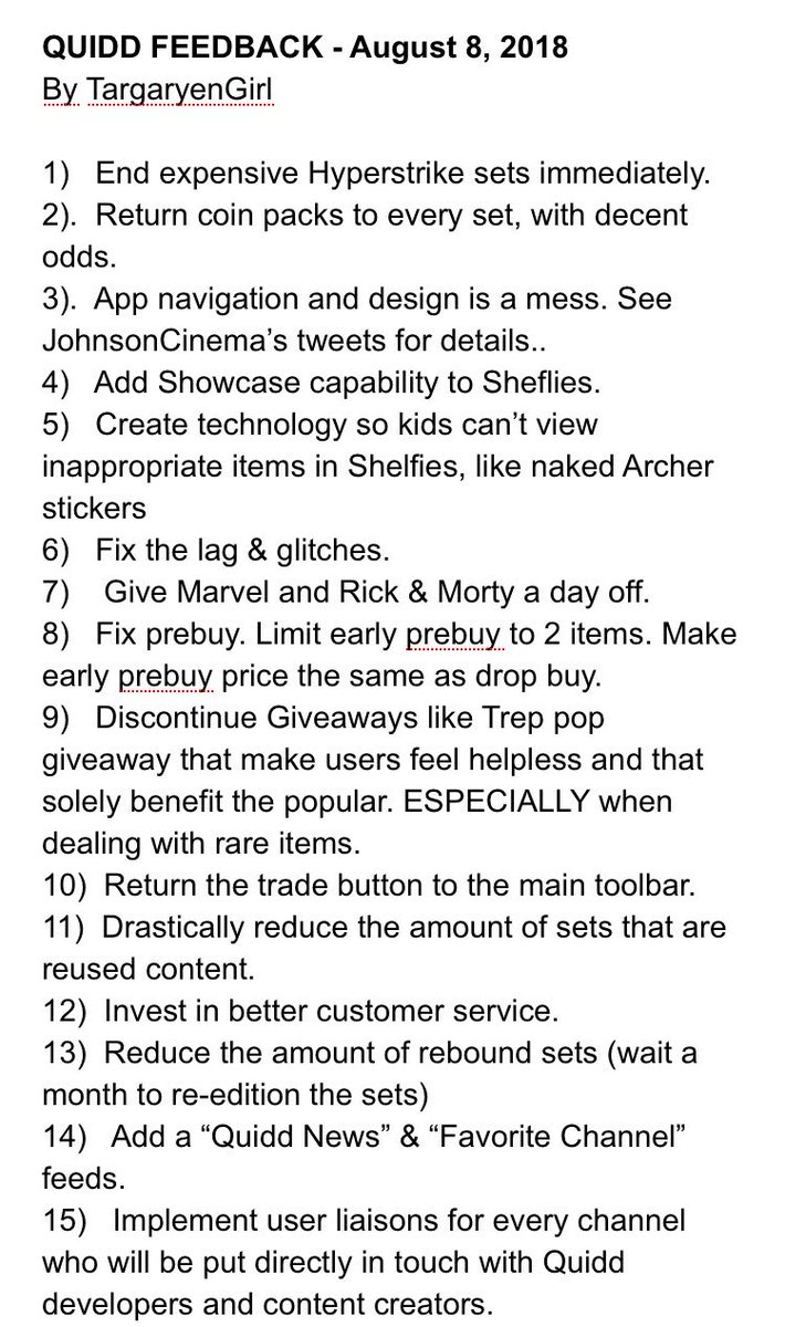 Targaryen_Girl's tweet photo. This week’s master list of current advice to @Quidd. I’ve never seen Quidd morale so low amongst users than it is this week. #QuiddFeedback #SaveQuidd @mbram @erichwood @itsadamhadi @quidddev @omarh @sequoia https://t.co/BSnZvoMMpW