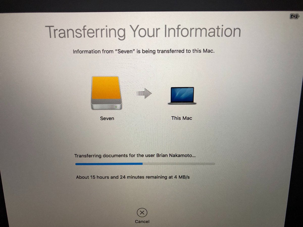 btn's tweet image. Hopefully the &quot;4MB/s&quot; holds up because it&apos;s down from 7 when the transfer started last night ≈23hrs. ago. 😅 It feels like #TargetDiskMode from old 13&quot; to new 13&quot; #MBP should be faster via #Apple #Thunderbolt 2 cable &amp;amp; adapter to 3. OTOH, just did the math &amp;amp; the time est. is OK.