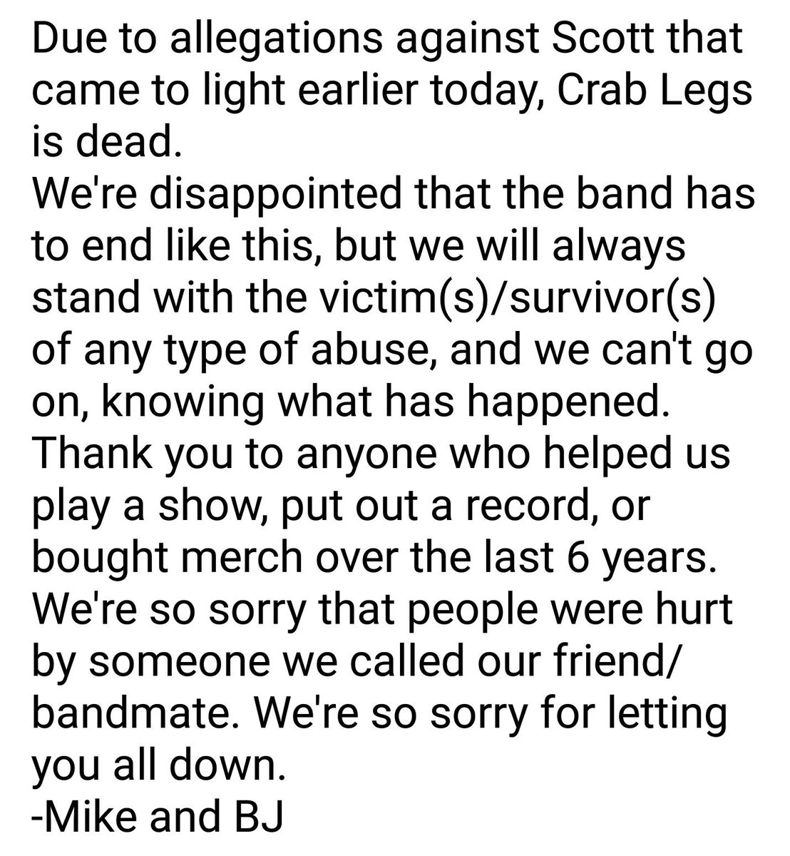 We don't know exactly what to say, except that we're sorry. - Mike and BJ