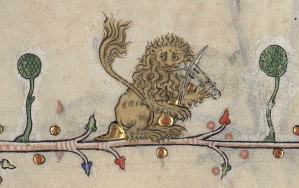 From the Breviary of Renaud de Bar (Reginald of Bar) été Ms. 107 - bishop of #Metz (d.1316): a bit late, but celebrating #internationalcatday with this #lion playing #vielle, along the border of page 026r. (1/3)

#illuminatedmanuscripts #France #Verdun #14thcentury #music #cat