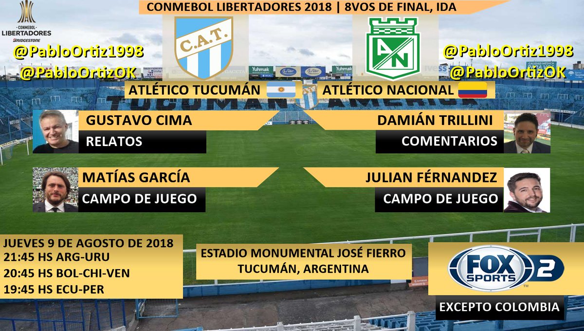 PabloOrtizOK's tweet photo. #LibertadoresxFOX | #AtléticoTucumán🇦🇷 vs. #AtléticoNacional🇨🇴
Relata: @Gustavo_Cima | Comenta: @dtrillini
Campo de Juego: @chiquitogarcia y @yojulifernandez
#Torneos | Excepto Colombia🇨🇴
Dale RT https://t.co/Cm2uIpPyQ1