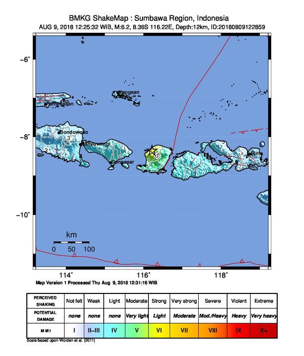 #Gempa Magnitude: 6.2, 09-Aug-2018 Pkl. 12:25:32 WIB, Lokasi: 8.36 LS 116.22 BT (6 km BaratLaut LOMBOKUTARA-NTB), Kedalaman: 12 Km, tidak berpotensi tsunami #BMKG