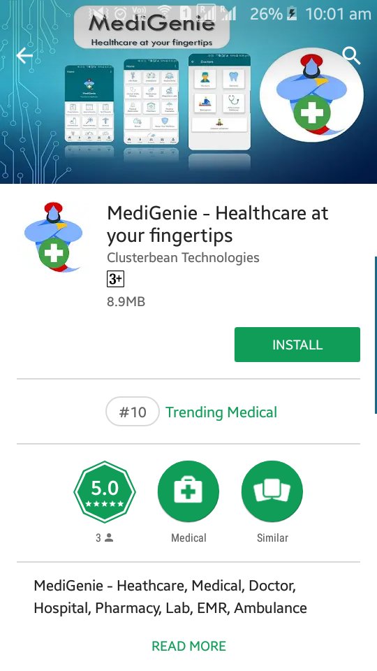 clusterbeantech's tweet photo. MediGenie is in top 10 trending within 24h after its release. 
Download now https://t.co/LL31VzxbAr
Install, use and refer to your family and friends.
#healthcare #medical #doctor #pharmacy #digitization #telemedicine #EMR #hospital #health #medicalrecords
*iOS App coming soon https://t.co/vCzfspJKlI
