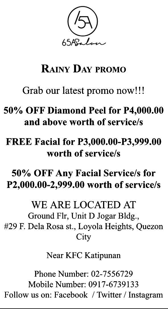 65aSalon's tweet photo. Rainy Day Facial Promo!!! #65asalon #hair #hairsalon #facial #diamondpeeling #haircolor #hairstylist #haircare #hairstyle #pamperyourself #rainyday #promo #promotion https://t.co/asnsA8b52g