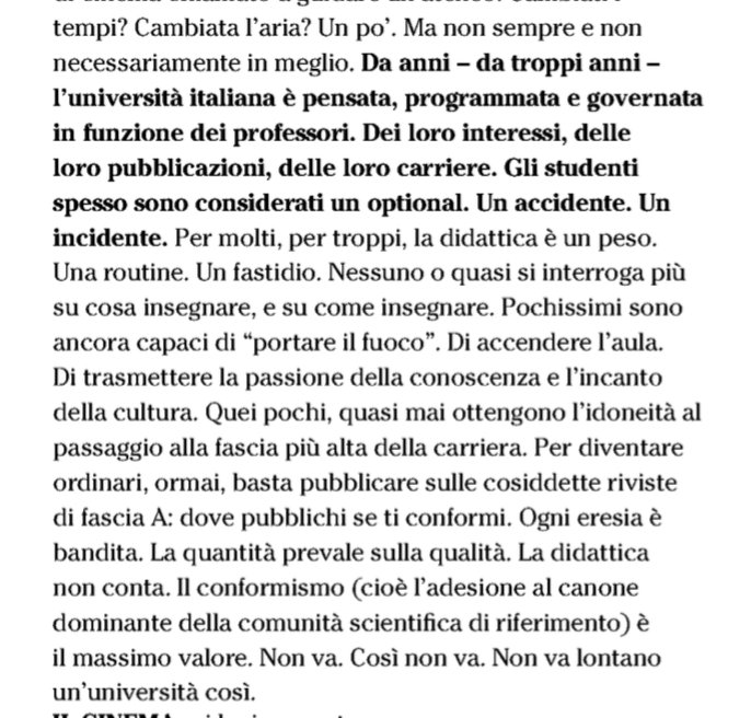 MicheTiraboschi's tweet photo. L'università italiana è pensata, programmata e governata in funzione dei professori. Dei loro interessi, delle loro pubblicazioni, delle loro carriere. Gli studenti sono un optional. Nessuno o quasi si interroga su cosa e su come insegnare. Pochi sono capaci di "portare il fuoco" https://t.co/bLLuEHWByC