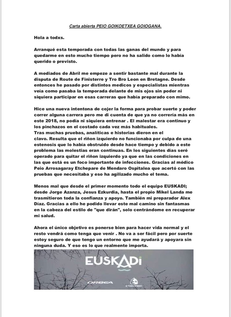 Peio Goikoetxearen karta irekia bere gaur egungo egoera kontatuz.

Carta abierta de <a href="/peiogg/">Peio Goiogana Goikoetxea</a> explicando su situación actual.

Ánimo Peio!!! Dena ondo irtengo da!!Zurekin gaude!

Estamos contigo!!