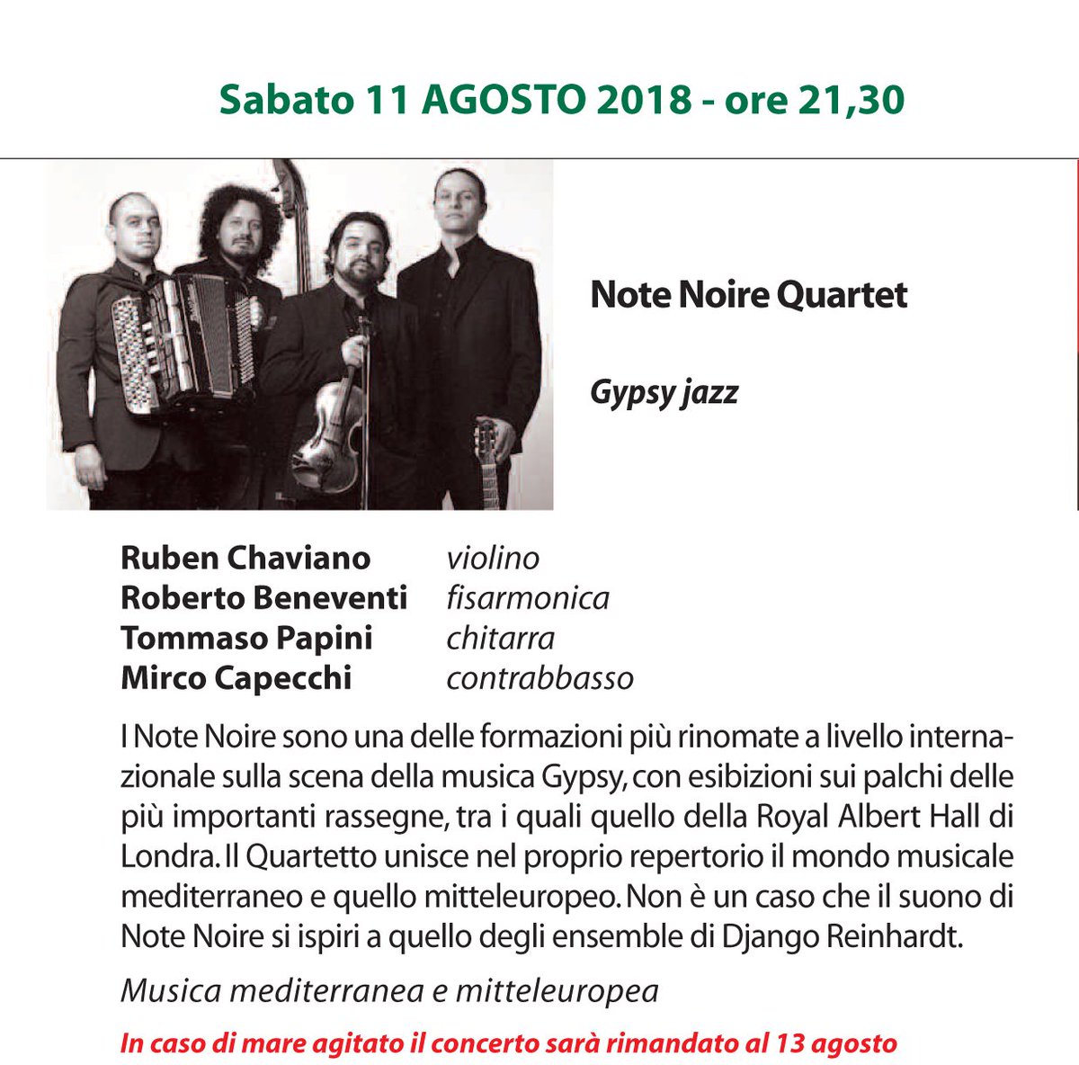 Note_Noire's tweet image. Sabato 11 agosto 🎵 ore 21:30

Concerti all&apos;Abbazia di San Fruttuoso
(Camogli - Genova)

Informazioni e prenotazioni

FAI - Abbazia di San Fruttuoso T. 0185 772703
OMNIA SERVICE Rapallo T. 0185 042039
PRO LOCO Camogli T. 0185 771066

#notenoire #abbaziasanfruttuoso