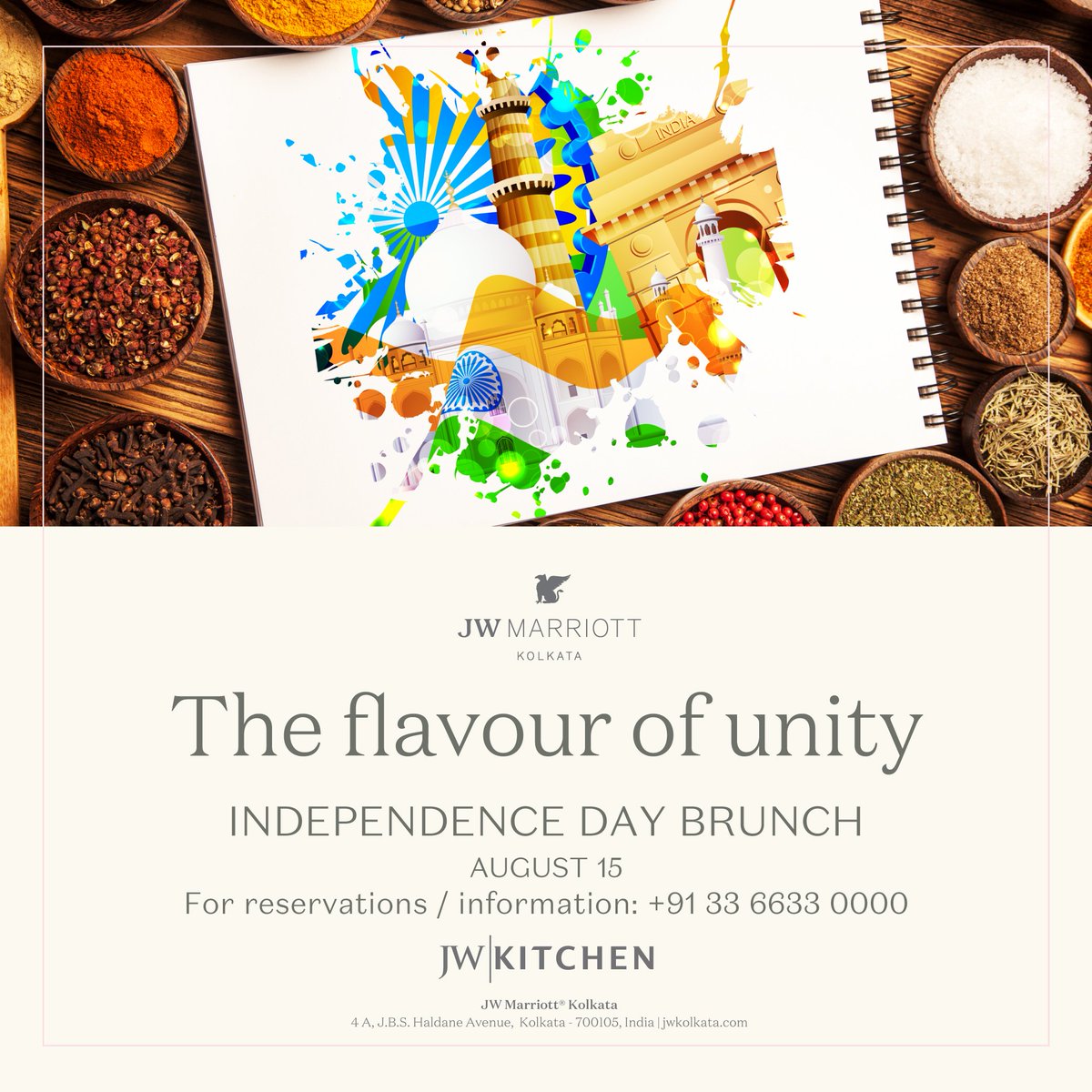 JWKolkata's tweet image. Feast on an array of flavours, originating from the diverse states of India and curated by the skilled hands at JW Kitchen. Bring your loved ones along and join us for an exclusive Independence Day Brunch. 
For reservations, call us at +91-33-66330000 
#TasteOfUnity