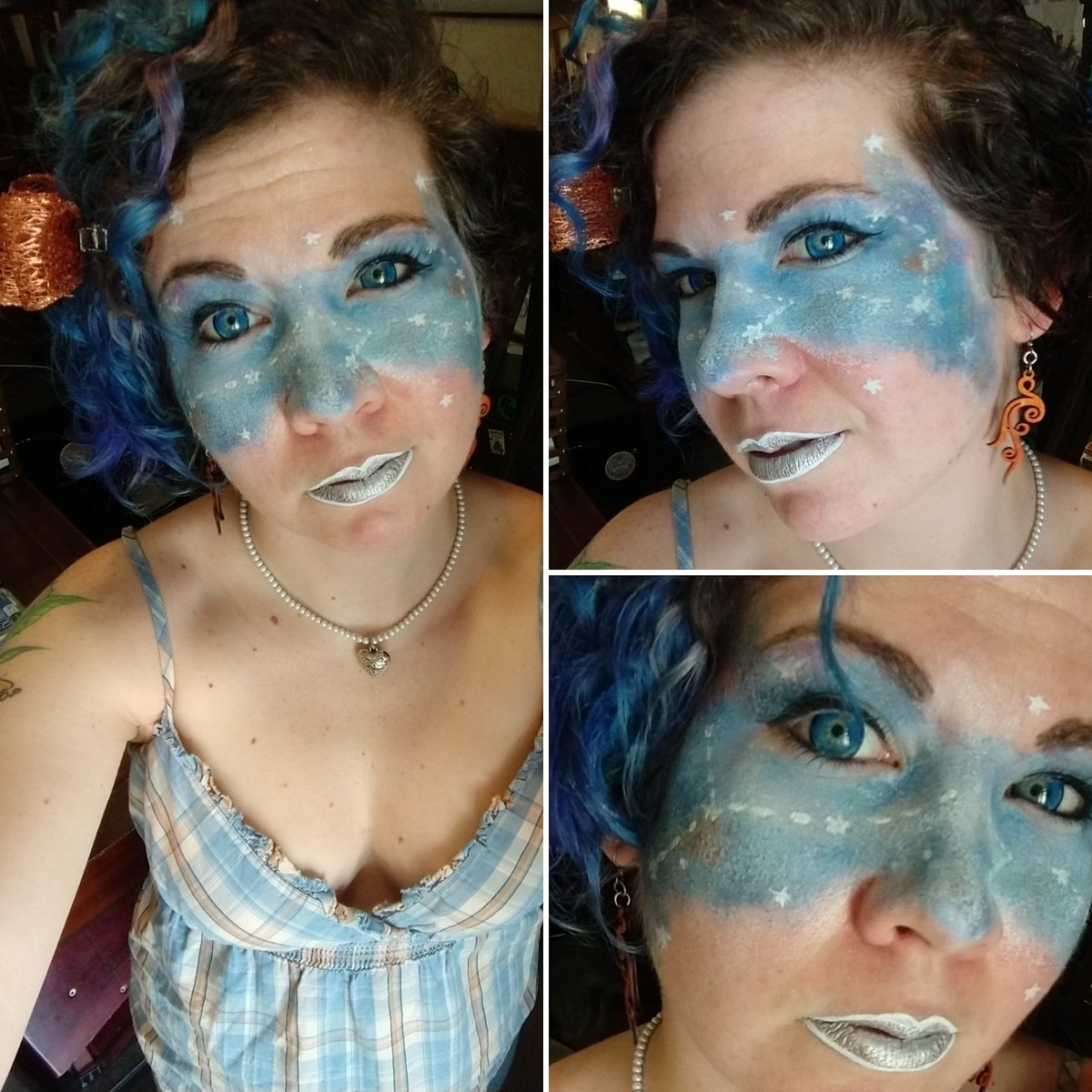 LinkleMegz's tweet photo. A little #CommonDayCosplay for work tonight at @dungeonsanddrafts . Went for a galaxy mask. What do you think?  #BodyPaintPractice #BodyPaintLife https://t.co/SVwI616hBD