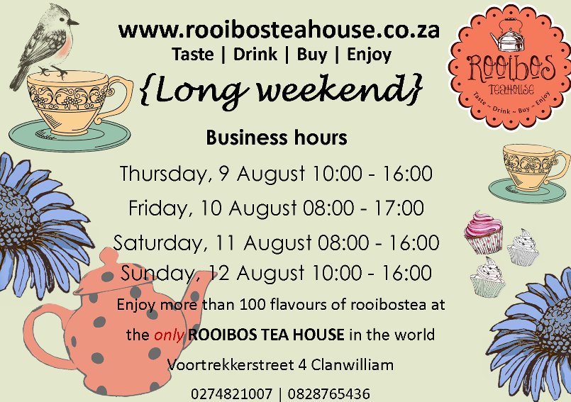 Open today! {10:00 - 16:00}

Enjoy Women's Day with a cup of Rooibos.... ☕

#RooibosTeaHouse #Rooibos #WomensMonth  #womensday2018❤️ #Clanwilliam