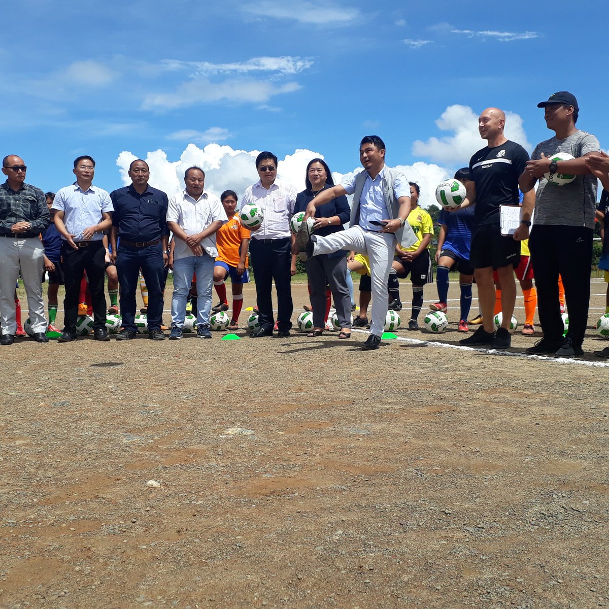 Advisor Zale Neikha along with other Dept Officials and Coach Rassmusen gracing the kick off ceremony at I. G stadium to start off the Football Coaching Camp for U-17.
