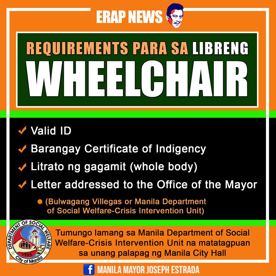 Mayor_Estrada's tweet photo. Narito ang mga requirements kung nais niyong mag-apply upang makakuha ng libreng wheelchair.

Pumunta lamang sa tanggapan ng Manila Department of Social Welfare-Crisis Intervention Unit na matatagpuan sa 1st floor ng Manila City Hall. https://t.co/J4Y7d44e8P