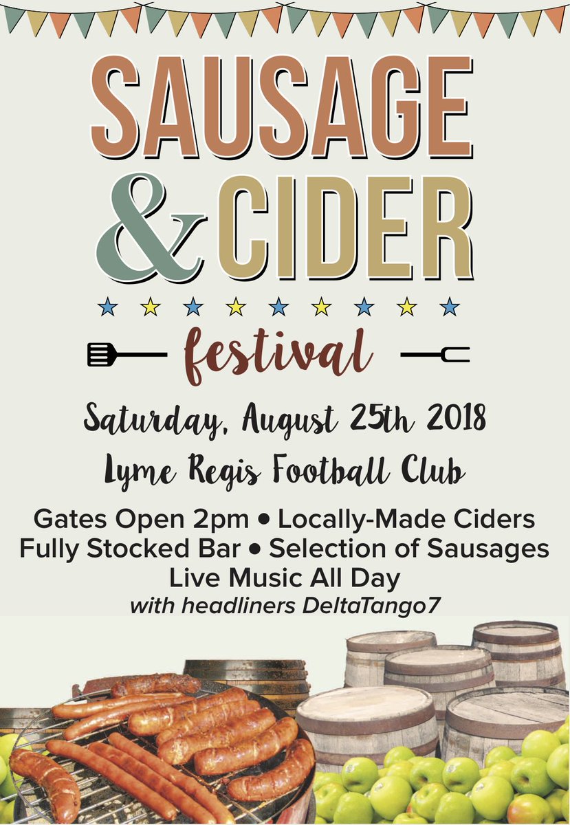 LymeRegisFC's tweet photo. Our annual Sausage &amp; Cider Festival is coming up soon! Locally-made ciders and scrumptious sausages plus a whole programme of live music! FREE ENTRY!! #lymeregis #dorset #sausageandcider #ciderfestival https://t.co/8X7vC2lbxc