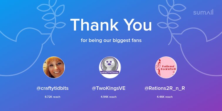 Our biggest fans this week: @craftytidbits, <a href="/TwoKingsVE/">TwoKingsVintageEmporium</a>, @Rations2R_n_R. Thank you! via sumall.com/thankyou?utm_s…