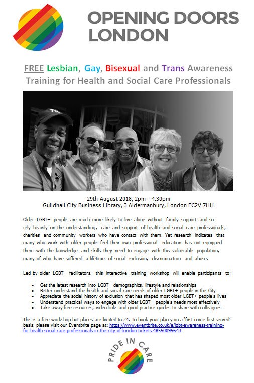 OpeningDoorsUK's tweet photo. Are you a health, care or housing professional based in the City? Looking to explore & improve your knowledge & skills with Lesbian, Gay, Bisexual and Trans Awareness training? Then please get in touch louise.carolin@openingdoorslondon.org.uk 020 7239 0400 https://t.co/FE1MPGtHDb