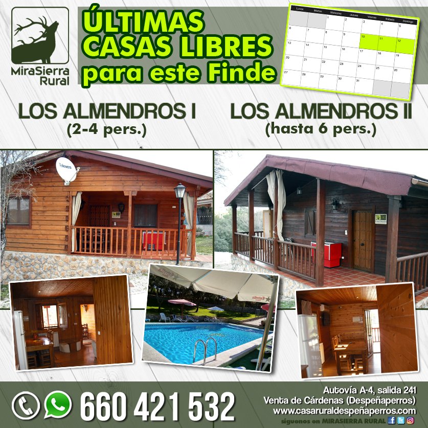 RuralMirasierra's tweet photo. ÚLTIMAS CASAS LIBRES PARA ESTE FINDE
¡¡HAZ YA TU RESERVA !! - Telf 660 421 532
https://t.co/gTlDHbr3fR
MIRASIERRA RURAL Casas Rurales
Autovia A4 Madrid – Andalucía - Salida 241
VENTA DE CARDENAS (Despeñaperros) Ciudad Real https://t.co/WxyfQy1hXB