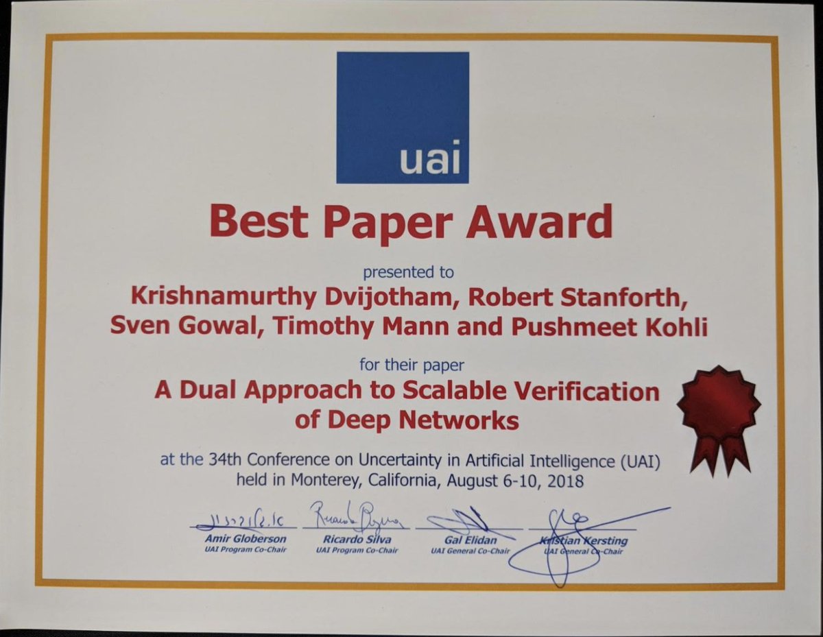 GoogleDeepMind's tweet photo. We are excited to see accelerating progress on important questions in AI safety &amp; security, with our recent paper "A Dual Approach to Scalable Verification of Deep Networks" being awarded Best Paper at #UAI2018. Congratulations to the team!

Paper: https://t.co/BiKNrb76DB https://t.co/ZLH9cSU2rC