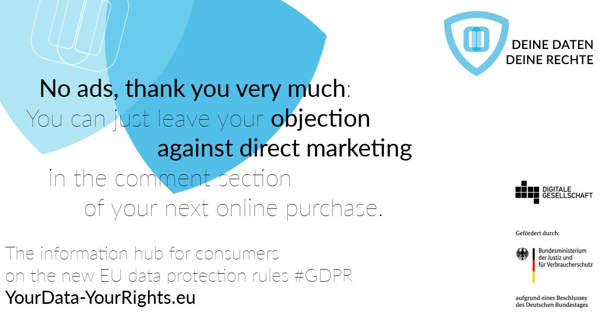 No questions asked: You can object to the data processing for direct marketing at any time!

#GDPR #dataprotection

More info:
📺Video yourdata-yourrights.eu/topics/rights-…
📒Text yourdata-yourrights.eu/topics/rights-…
📝Sample letter yourdata-yourrights.eu/topics/rights-…
🕹️Game dataclash.eu