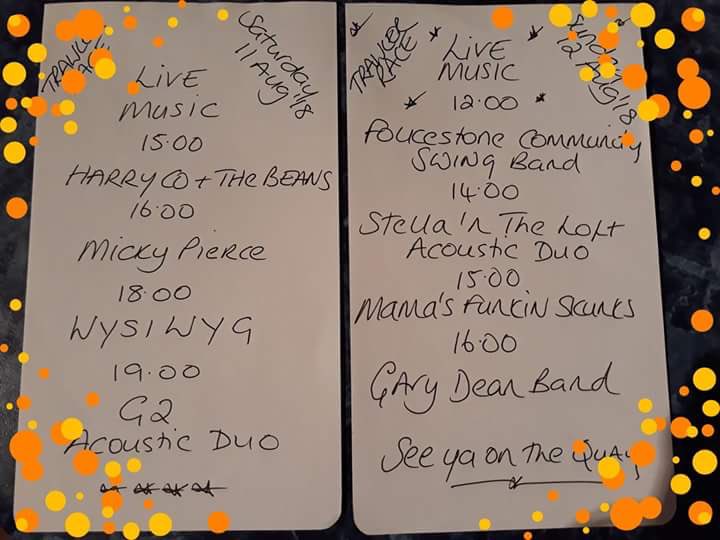 2 days to go - here are the Trawler Race &amp; Live Music times - all info <a href="/cathmison/">Cath Mison</a> <a href="/folkestonefish/">Folkestone Trawlers</a> <a href="/FolkestoneRT/">FolkestoneRT</a> <a href="/fstonehythedc/">Folkestone & Hythe District Council</a> <a href="/folkestonetc/">Folkestone TC</a> <a href="/FolkestoneTCM/">Folkestone TCM</a> <a href="/shaunstaveley/">My Morning View</a> @dance_six <a href="/mariner_the/">The Mariner</a> <a href="/KM_Folkestone/">KM Folkestone&Hythe</a> @1059AcademyFM <a href="/Martellobc/">Martello</a> <a href="/leascliffhall/">Leas Cliff Hall</a> <a href="/Pitch_Festival/">Pitch Project</a> 🎏⚓️🦀