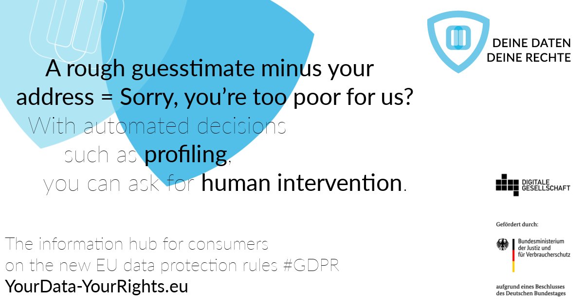 #Scoring: You can demand that a person intervenes in automated decisions.

#GDPR #dataprotection #YourDataYourRights

More info:
📺Video yourdata-yourrights.eu/topics/data-pr…
📒Text yourdata-yourrights.eu/topics/data-pr…
📝Sample letter yourdata-yourrights.eu/topics/data-pr…
🕹️Game dataclash.eu