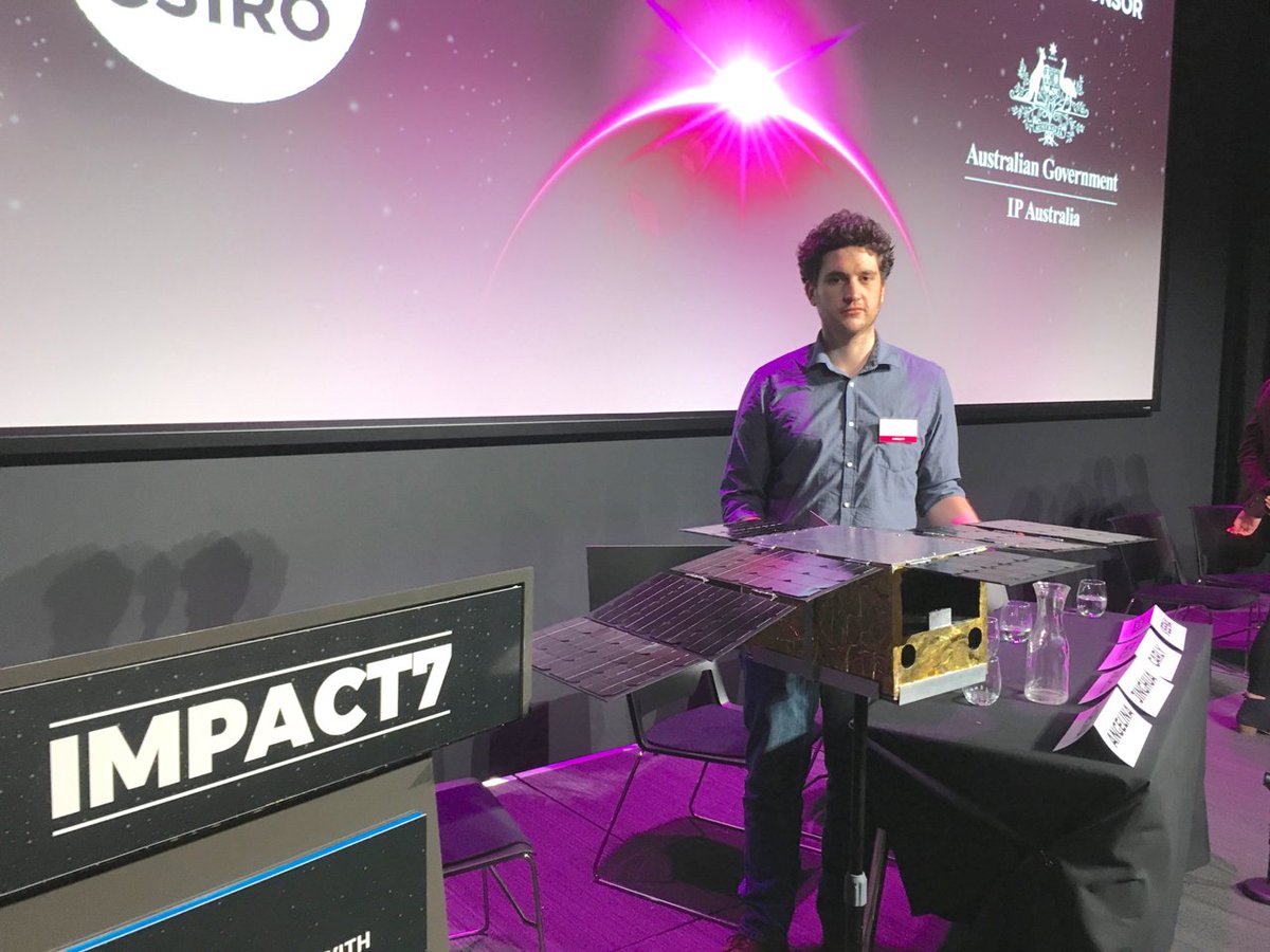 SkyHopper 1:1 model with solar panels and thermal radiators deployed at the end of #impact7 with the project Systems Engineer Rob Mearns: