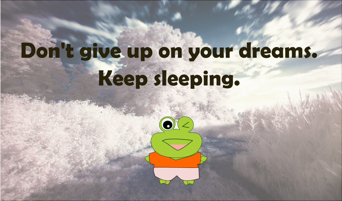 froshiifrog's tweet photo. Don't give up on your dreams. Keep sleeping. #froshii #quoteoftheday https://t.co/GhiReKQISr