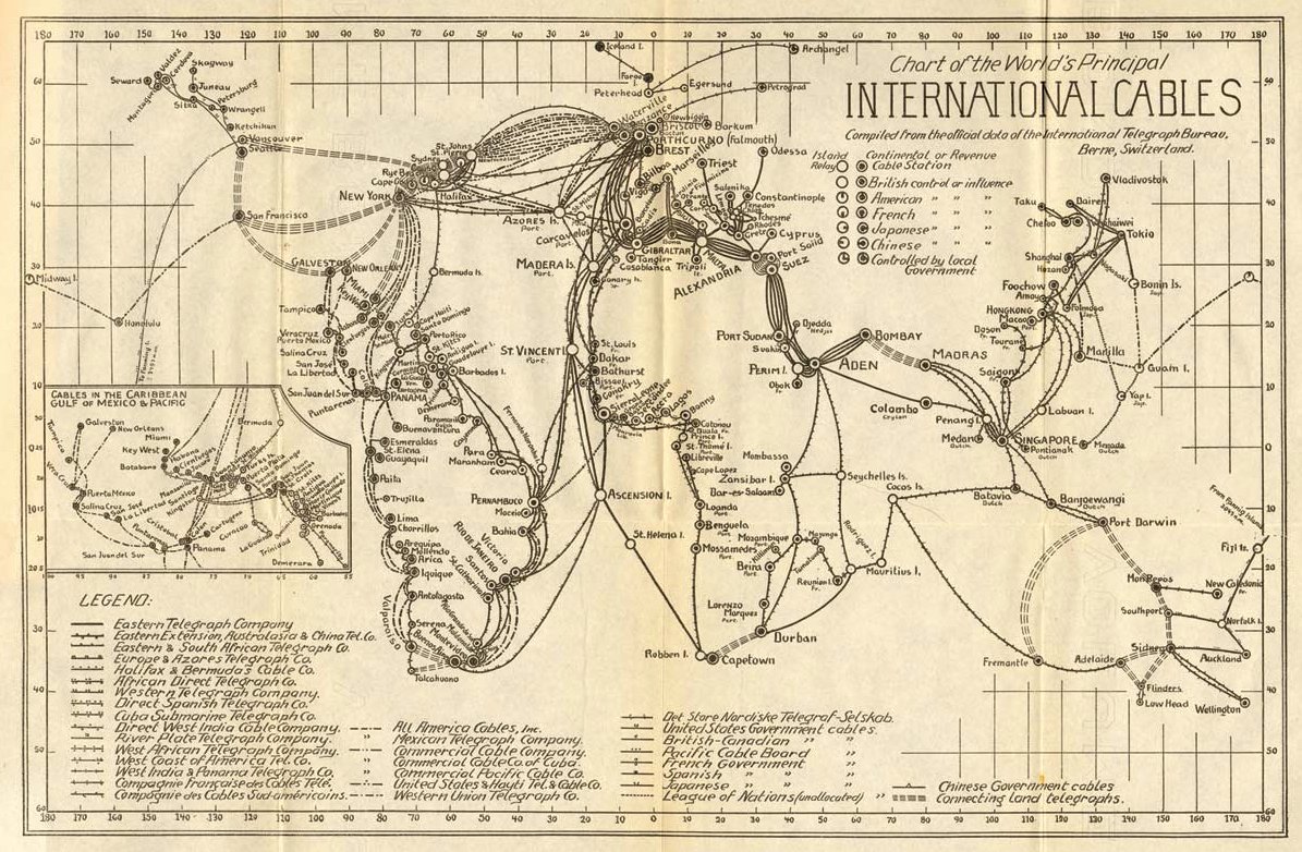 defilippovale's tweet photo. 29 of 100 #infographics way before they were so popular: a map of the world's international cable network in 1924 – compiled from the official data of the International Telegraph Bureau (1 of 2) #100daysofinfographics #maps #dataviz https://t.co/D1Tdt4ZC9b