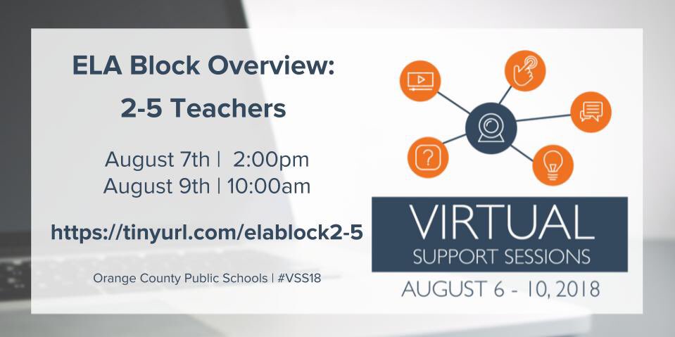 karameyers_OCPS's tweet photo. If you are interested in strengthening your ELA block, want to learn more about structuring ELA for powerful instruction, or just have ?s - Join us today for our virtual sessions! #k5ELApd #vss18 💻🍊Gr.2-5, 10:00am https://t.co/7xEVC0HA0k & Gr.K-1, 2:00pm https://t.co/RaZH3VfMnO https://t.co/67rcCvfmw8
