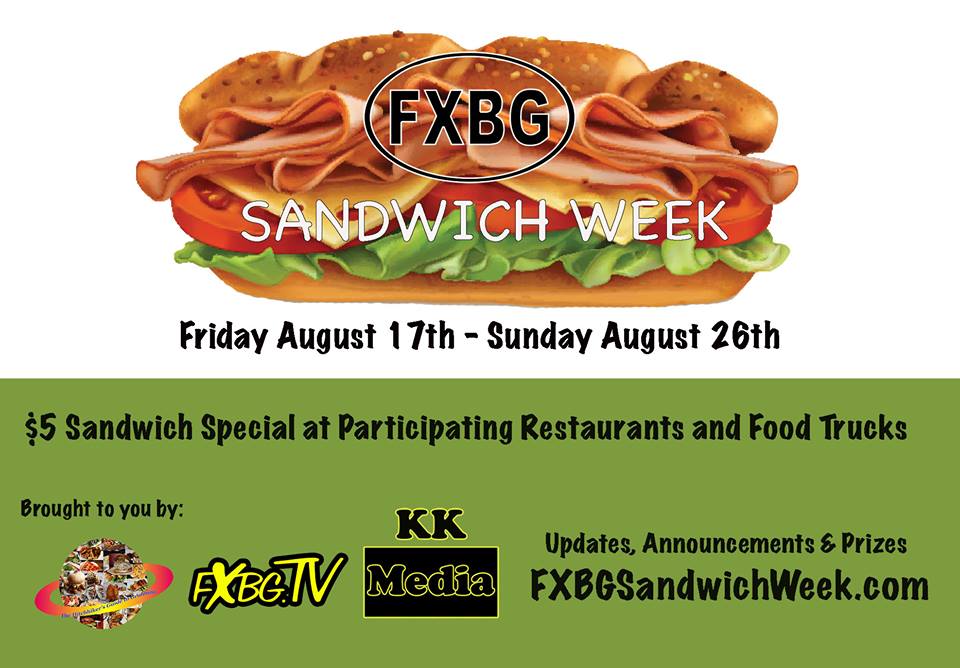 projectfxbg's tweet photo. #FXBGSandwichWeek is almost here!!!!! We have 17 Sandwiches at 18 Restaurants on $5 Specials. Help spread the FXBG Sandwich love by retweeting or log onto https://t.co/2VLQZVPR72 for more details about this event and the sandwiches. https://t.co/dd006CWMgZ