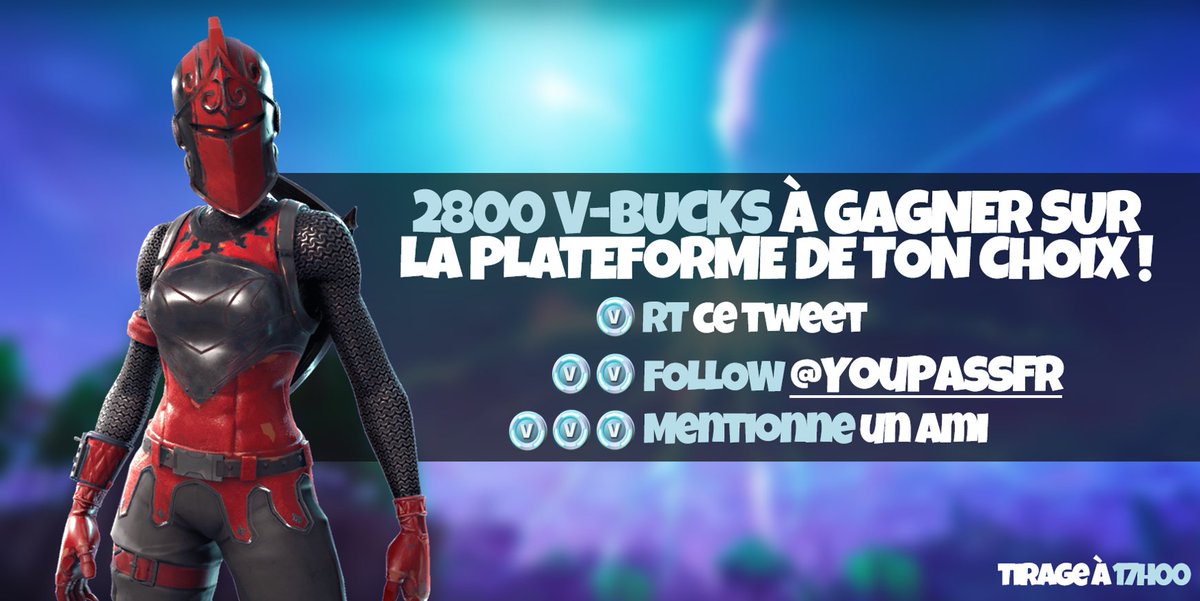 YouPassFR's tweet photo. #Concours 2800 V-Bucks à gagner sur la plateforme de ton choix 😏

Pour participer :
- RT ce tweet
- Follow @YouPassFR 
- Mentionne un(e) ami(e)

Tirage à 17h aujourd'hui ⏲
#Fortnite #FortniteBR https://t.co/4WVFFgsWom