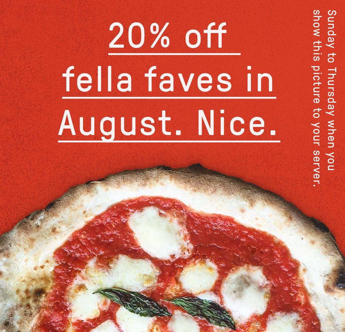 Sup_Leeds's tweet photo. @Pizza_Fella_ are offering 20% off all our Fella Faves pizzas Sunday to Thursday throughout August.  Just show this pic to your server when you ask for your bill. Winner ✌🏼 #pizzafella #leedsrestaurants #margheritapizza #neapolitanpizza #leedsindependents https://t.co/ShOGvoHhww