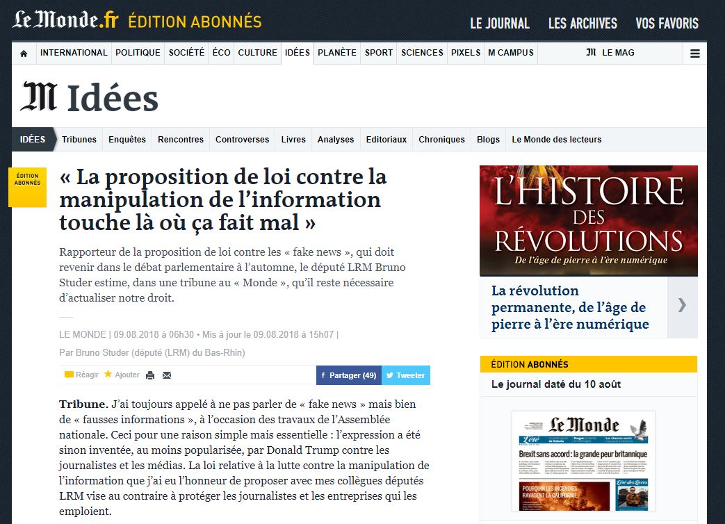 luceburnod's tweet photo. #FakeNews @BrunoStuder67 "appelle cette si belle profession de journaliste à se doter de règles déontologiques clarifiées. Et à les faire respecter." Il prendra "des initiatives en ce sens" en septembre. Bientôt un #ConseilDePresse ? via @lemondefr https://t.co/zs4k33g2O4