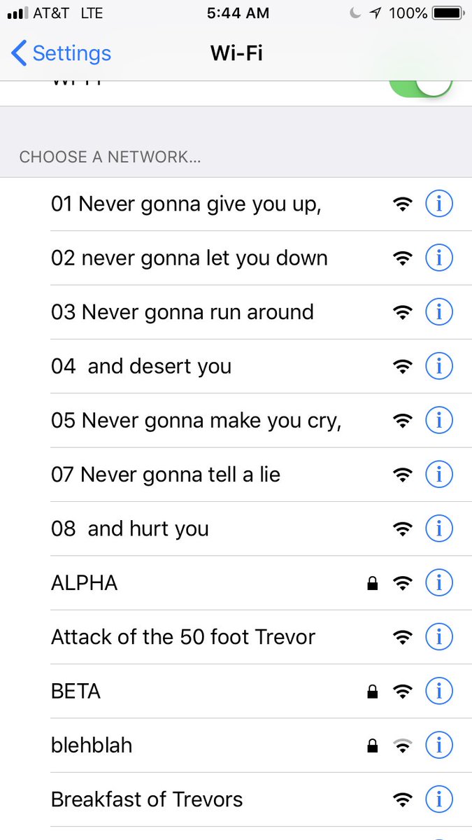 ohcaptain's tweet photo. Funny things at #DEFCON26 - not that I was going to join any of these networks, but getting Rickrolled via SSIDs was pretty comical. https://t.co/NzgSfMICA2